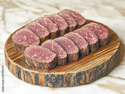 Delicious wagyu beef tenderloin steak slices served on a wooden platter