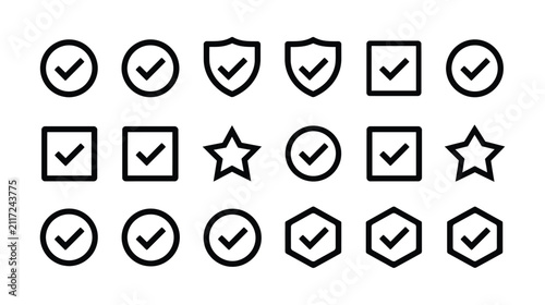Checkmark icons vector set with diverse geometric containers