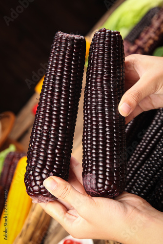 Foto Black Glutinous Sticky Rice Corn Cobs - Sweet Traditional Asian Food with Dark P