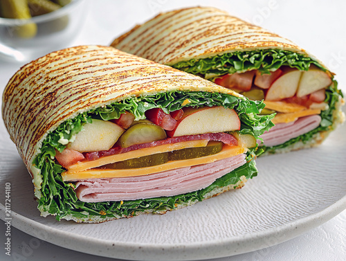 Delicious ham sandwich with cheese, apple, tomato, and lettuce on a plate