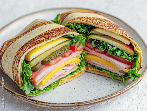 Two halves of a ham and cheese wrap with lettuce, tomato, and pickles