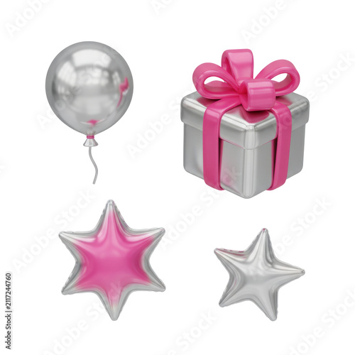 3D Party and Celebration Icons Set with Silver Balloon Gift Box and Star Balloons Illustration Isolated on a Transparent Background
