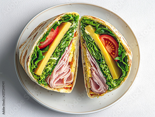 Halves of a tasty ham and cheese wrap on a plate on a white background