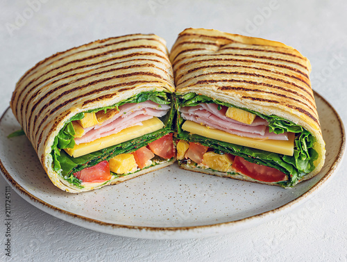 Delicious grilled sandwich cut in half on a plate isolated on white background