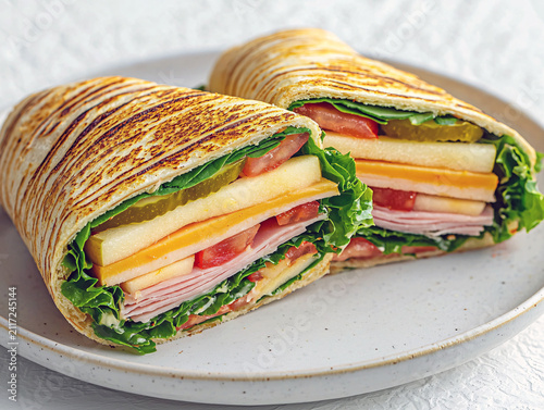 Delicious ham wrap with cheese, lettuce, tomato and pickle on plate