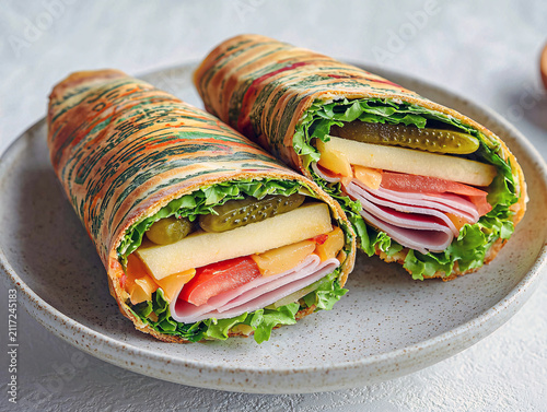 Two tasty ham and cheese wraps served on a plate for lunch or snack