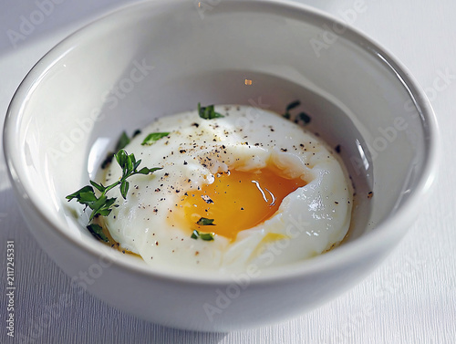 Poached egg with parsley in a white bowl isolated on white background