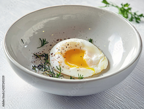 Poached egg in a bowl with herbs and spices on a white background