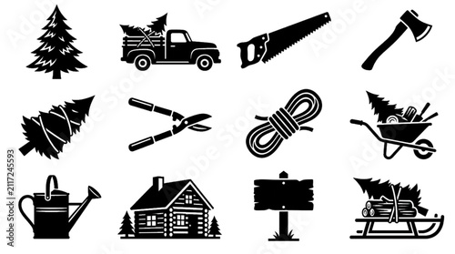 Foto Create a premium Adobe Stock vector icon set featuring exactly 12 unique Christmas Tree Farm silhouettes