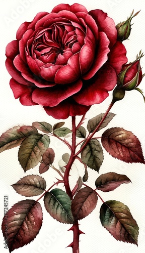 Red rose bloom watercolor painting with a thorny stem and leaves, capturing intricate petals and emerging buds, conveying themes of romance, love, and growth