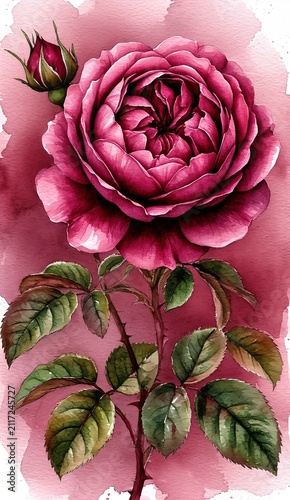 Pink rose and unopened bud blooming on a stem with green leaves, creating a vibrant watercolor painting perfect for spring, garden, and botanical themes