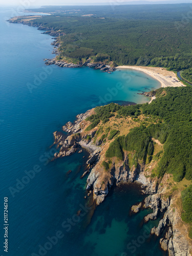 Aerial View of Silistar Beach Bay Surrounded by Forest in Bulgaria