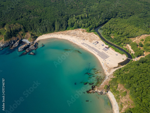 Aerial View of Silistar Beach Bay Surrounded by Forest in Bulgaria