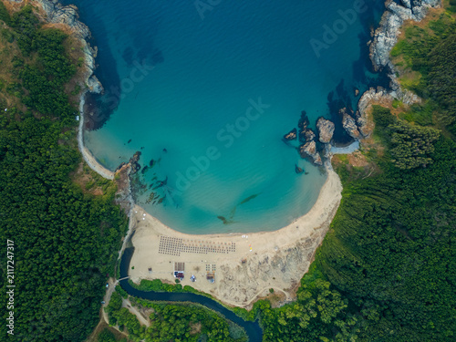 Aerial View of Silistar Beach Bay Surrounded by Forest in Bulgaria