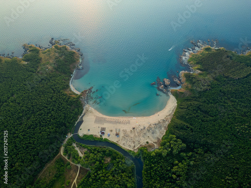 Aerial View of Silistar Beach Bay Surrounded by Forest in Bulgaria