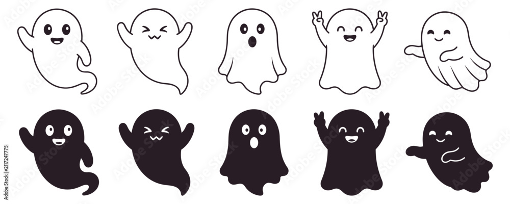 Fototapeta premium set of cute ghost icons with different expressions and poses vector illustration on transparent background