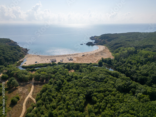 Aerial View of Silistar Beach Bay Surrounded by Forest in Bulgaria