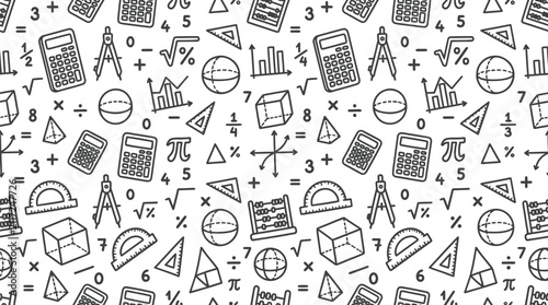 Seamless Advanced Mathematics Doodle Pattern with Cute Geometry Symbols Vector Background