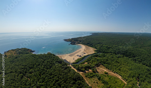 Aerial View of Silistar Beach Bay Surrounded by Forest in Bulgaria