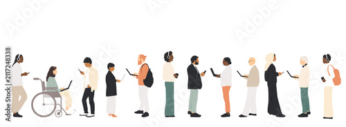 Different people with phones and laptops. Modern design.