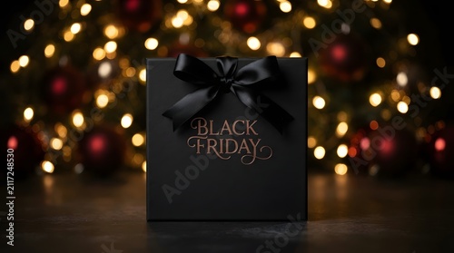 Elegant black friday gift box with a silk ribbon against a festive bokeh light background