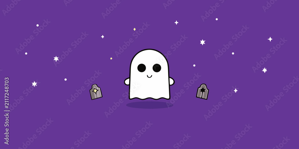 Naklejka premium Cute cartoon ghost floating with gravestones and stars on purple background.