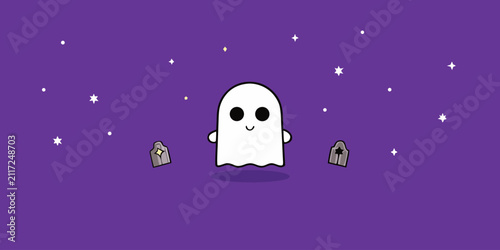 Cute cartoon ghost floating with gravestones and stars on purple background.