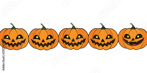 Five happy carved halloween pumpkins with scary faces and glowing eyes in a row, festive vector illustration.