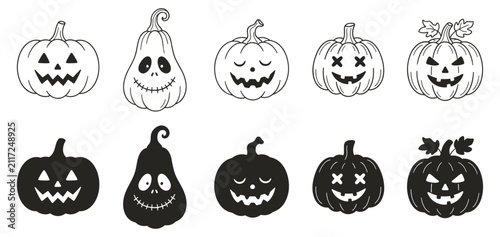 set of halloween pumpkin silhouettes and line art jack o lanterns vector illustration on transparent background
