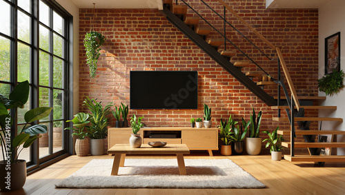 Konstfotografi Cozy living room with brick wall and wooden staircase interior television furnit