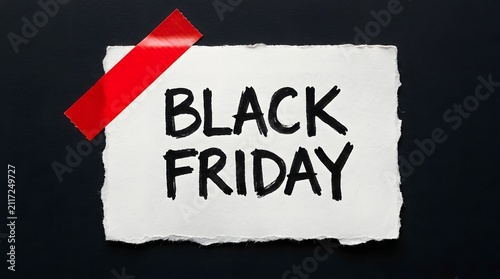 A handwritten black friday sign on a torn white paper against a dark black background