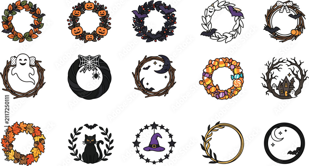 Naklejka premium Halloween floral wreath vector collection with spooky holiday elements