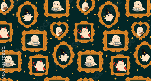 Obraz na plátně Cute Halloween seamless pattern with vintage gothic frames and adorable ghost characters in costumes