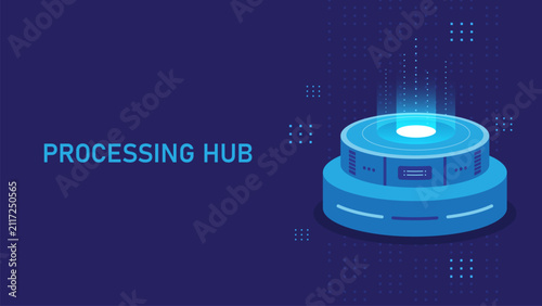 Modern processing, hub, technology, server, and data illustration with a futuristic computing platform, digital infrastructure, flat vector design, and enterprise innovation concept