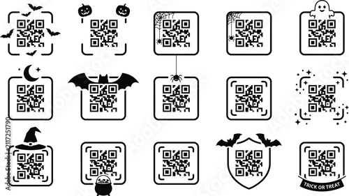 Halloween Theme QR Code Vector Icon Set featuring Spooky Scan Frames, Bats, and Pumpkins