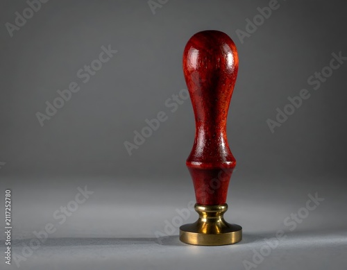 Wax seal stamp with red wooden handle and polished brass head on gray background