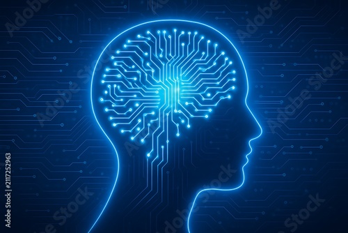 Futuristic cybernetic brain artwork with glowing microchip circuitry representing human intelligence artificial cognitive thought process and big data automation.