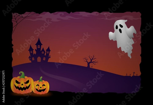 Seamless loop Halloween night scene with haunted house and ghost
