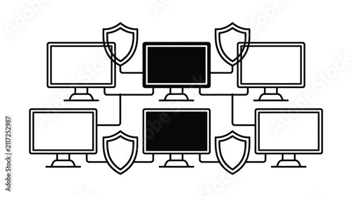 Computer icon set network security with monitor shields, computer