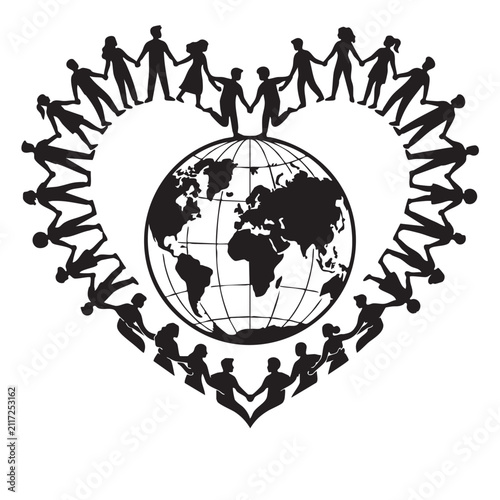 People Encircling a Globe Forming a Heart Shape, Symbolizing Global Unity and Interconnectedness. a Concept Illustration for Community and World