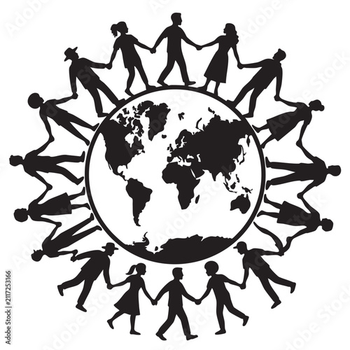 People Encircling the Globe, a Symbolic Representation of Global Unity and Interconnectedness. Diverse Silhouettes Holding Hands Around the World.