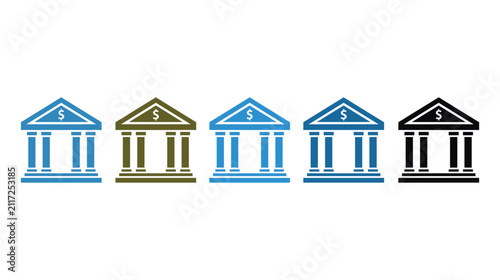 Bank icon set depicting building architecture variations
