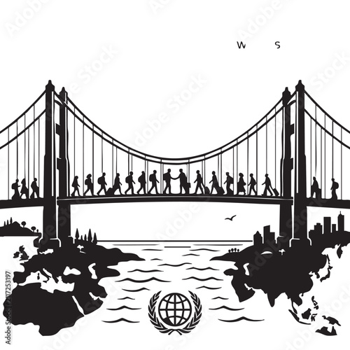 Suspension Bridge with Pedestrians and Skyline Illustration. Conceptual Design Depicting a Bridge with a Line of People Walking Across, Set Against a