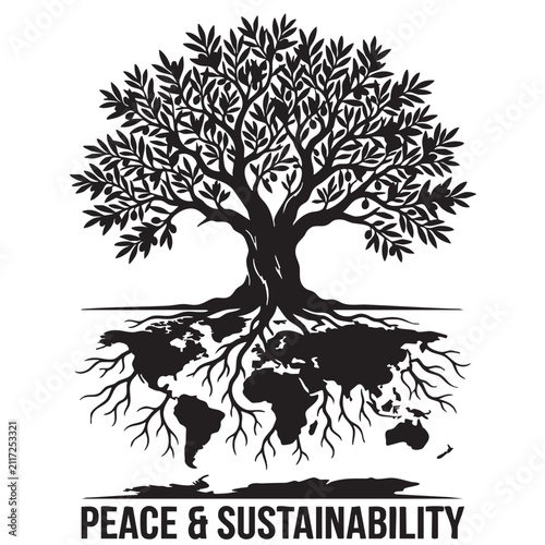 Tree Roots Intertwined with a World Map, Symbolizing Peace and Sustainability Concepts. Black and White Illustration with a Strong, Grounded Design.