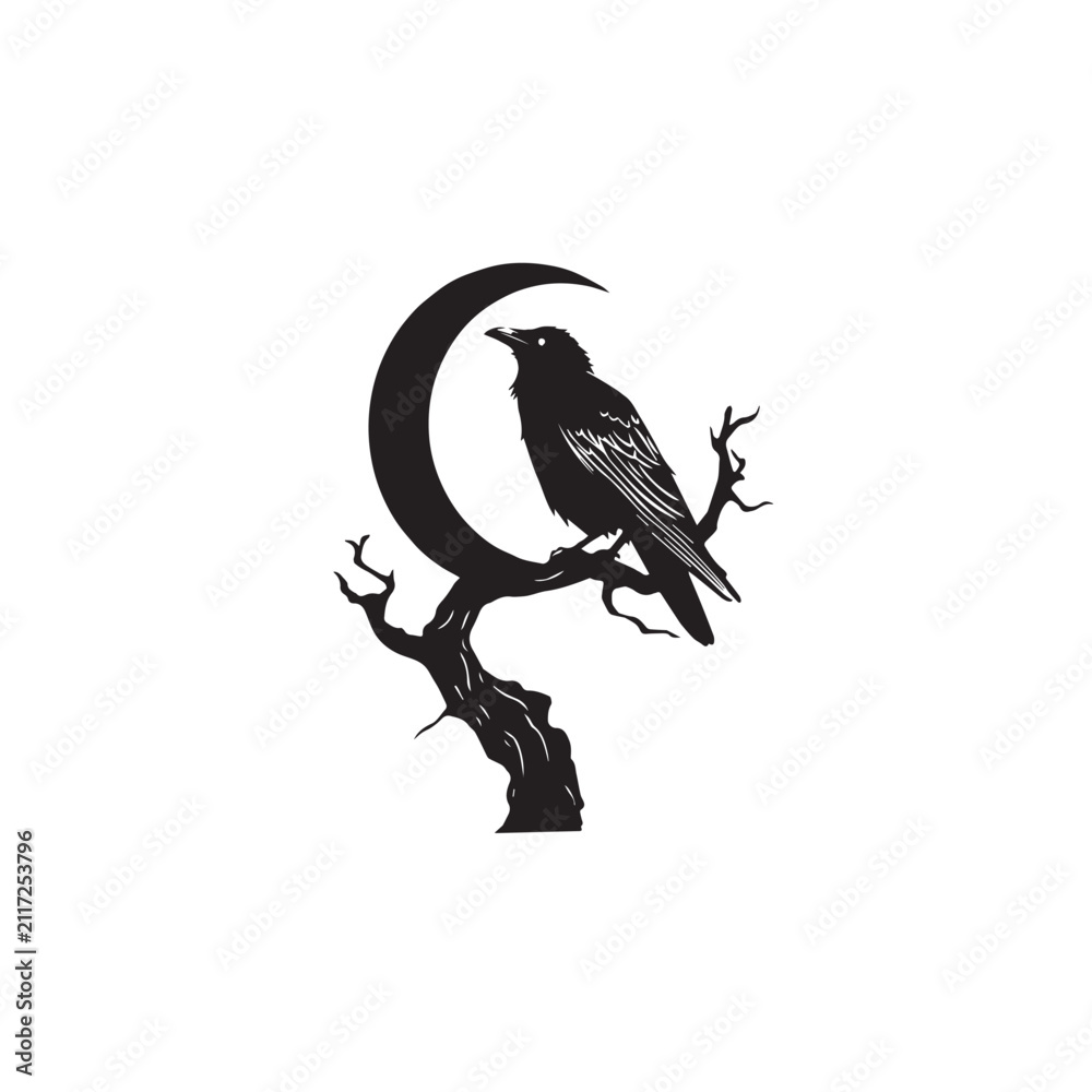 Fototapeta premium Black and White Vector Illustration of a Crow on a Dead Tree Branch under Crescent Moon