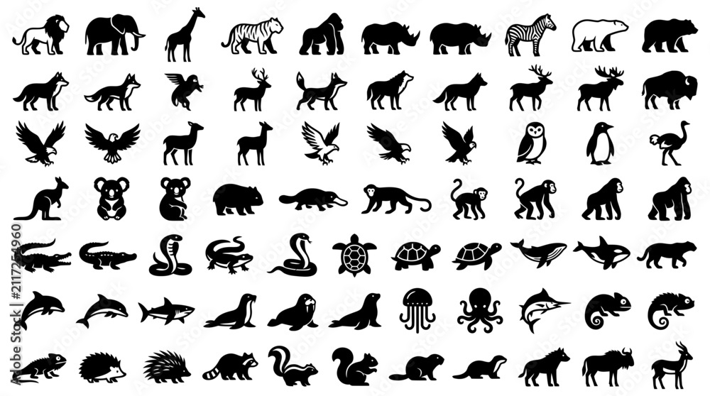 Fototapeta premium Large collection of black wild and marine animal silhouette icons on a white background