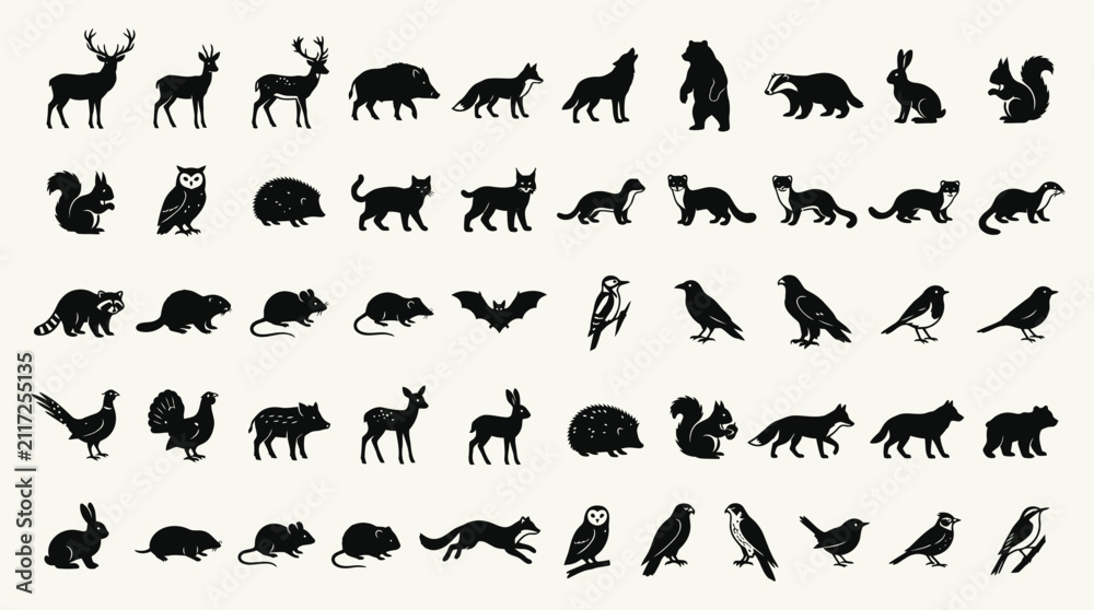 Fototapeta premium Forest Wild Animals Silhouettes Set Wildlife Mammals Birds Icons Fauna Graphic Elements