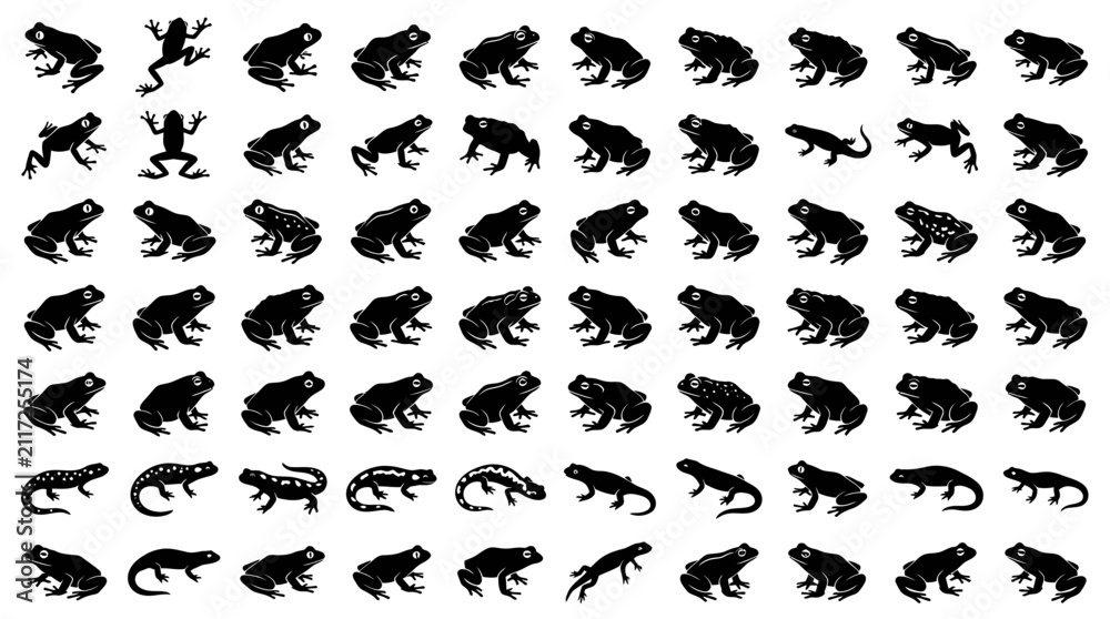 Fototapeta premium Collection of Various Silhouette Frog and Lizard Species for Wildlife Nature Designs