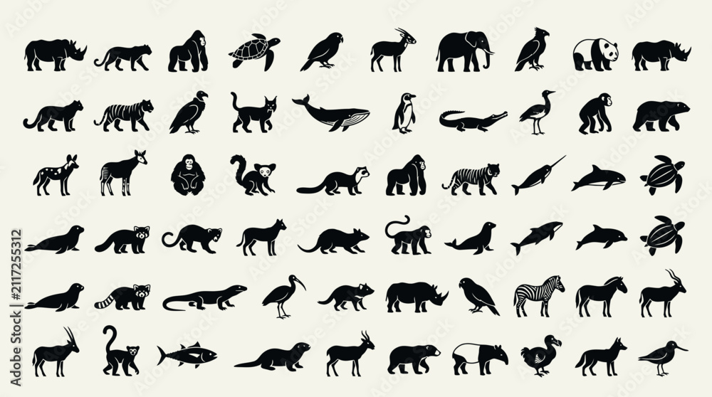 Fototapeta premium A comprehensive collection of diverse animal silhouettes, showcasing a wide range of species from mammals and birds to reptiles and marine life, ideal for educational and design purposes