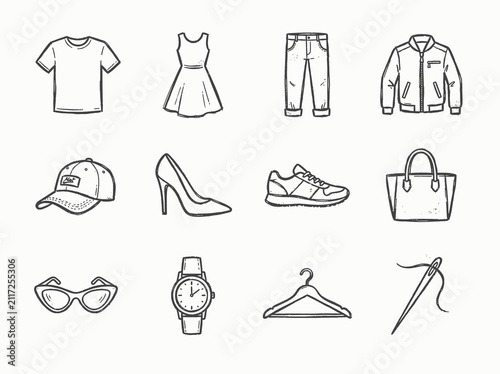 Fashion and apparel hand drawn icon set featuring clothing, accessories, and sewing tools